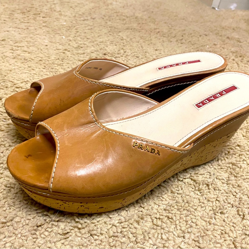Prada Leather and Cork Wedge Slides